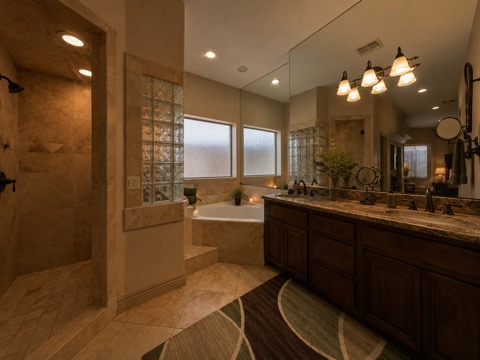 First-Floor Master Bath — Stone Shower, Double Vanity — The Albatross 11-bedroom golf mansion near Wolf Creek, Mesquite NV
